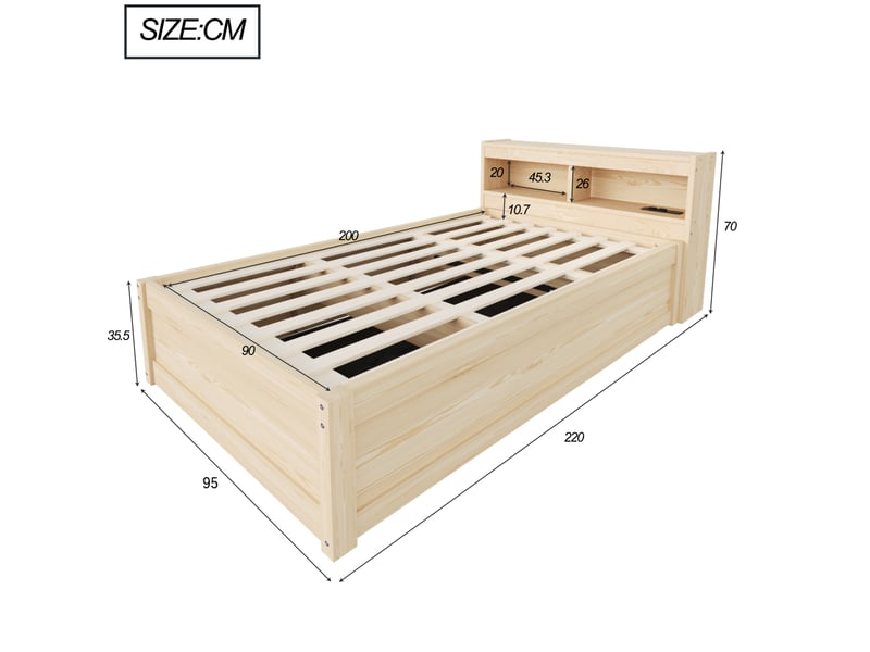  Lit simple 90x200 cm coffre hydraulique led en bois coloris naturel  - Conforama E