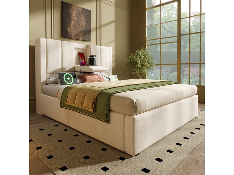  Lit coffre 90 × 200 en lin beige, porte-gobelet discret, usb et usb-c IKSETERA TRADING LTD - Conforama E