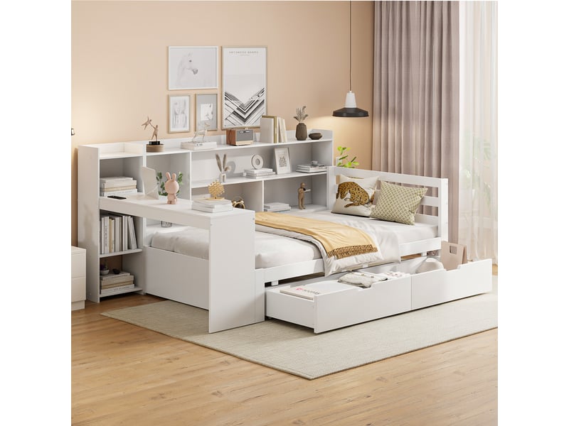  Lit multifonction 90x200 cm avec bureau, rangements et prise, pin blanc, sans matelas  - Conforama B