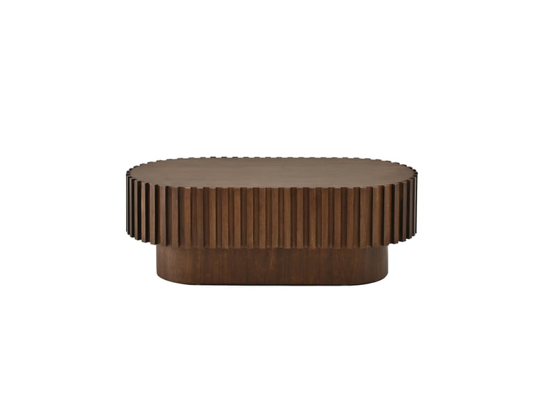  Table basse ovale 100x50 cm – noyer – tiroir intégré et décor à lamelles pour salon moderne rustique  - Conforama D