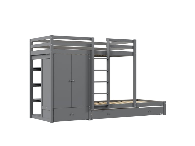  Lit enfant superposé 90*200 en bois, couchage extractible, penderie, tiroirs et rangement, gris  - Conforama A