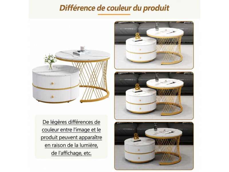  Lot de 2 tables basses gigognes rondes, 2 tiroirs, effet marbre brillant, 60 et 50 cm, salon, blanc  - Conforama E