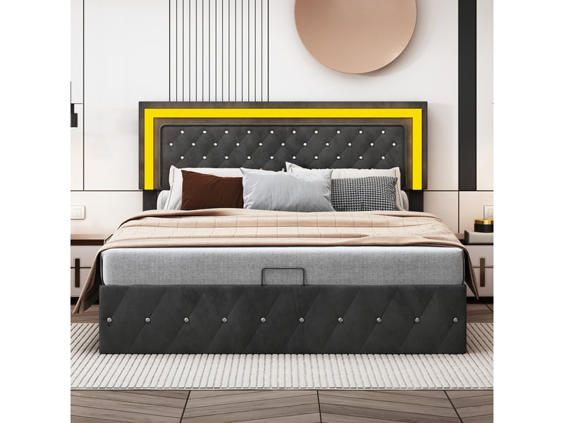  Lit coffre hydraulique 160 x 200 cm-noir - lit double rembourré en velours avec tête de lit lumineuse led et capitonnage strass  - Conforama C