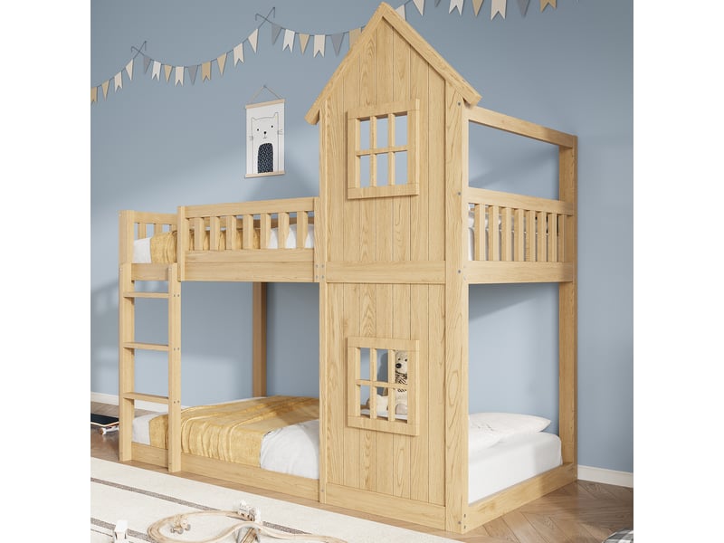  Lit superposé pour enfant, forme maison, fenêtres, barrières et échelle, 90x200cm, naturel  - Conforama E