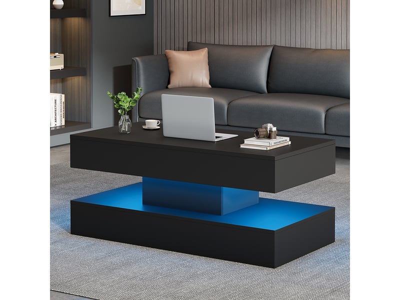 Table basse relevable noire avec éclairage led, plateau ajustable et rangement caché, 100x50x42 cm - Conforama D