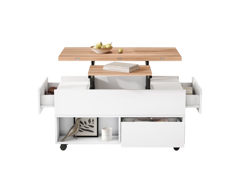  Table basse avec roulettes 100x50x52 cm, plateau relevable et extensible, 4 tiroirs, salon, aggloméré, blanc et chêne  - Conforama A