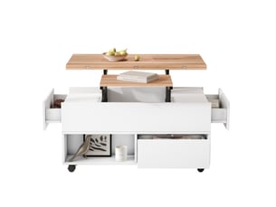 Table basse avec roulettes 100x50x52 cm, plateau relevable et extensible, 4 tiroirs, salon, aggloméré, blanc et chêne