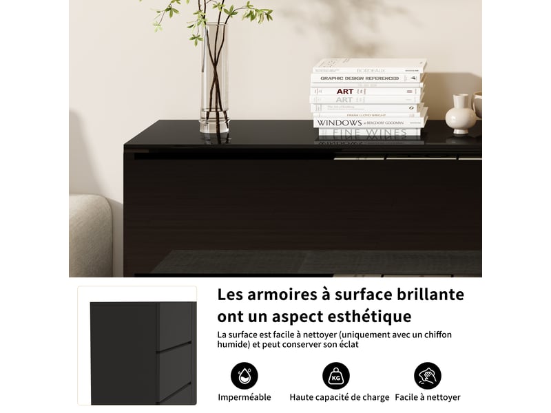  Kefsr buffet noir brillant avec led - meuble tv &amp; bahut moderne 2 portes 3 tiroirs, sans poignée, design laqué pour salon, salle à manger et entrée (160x35x71cm)  - Conforama R