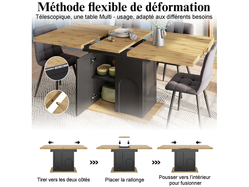 Table extensible télescopique, 110-140x80x76 cm, plateau en mdf, design moderne, pratique, mdf, coloris noir et naturel - Conforama D