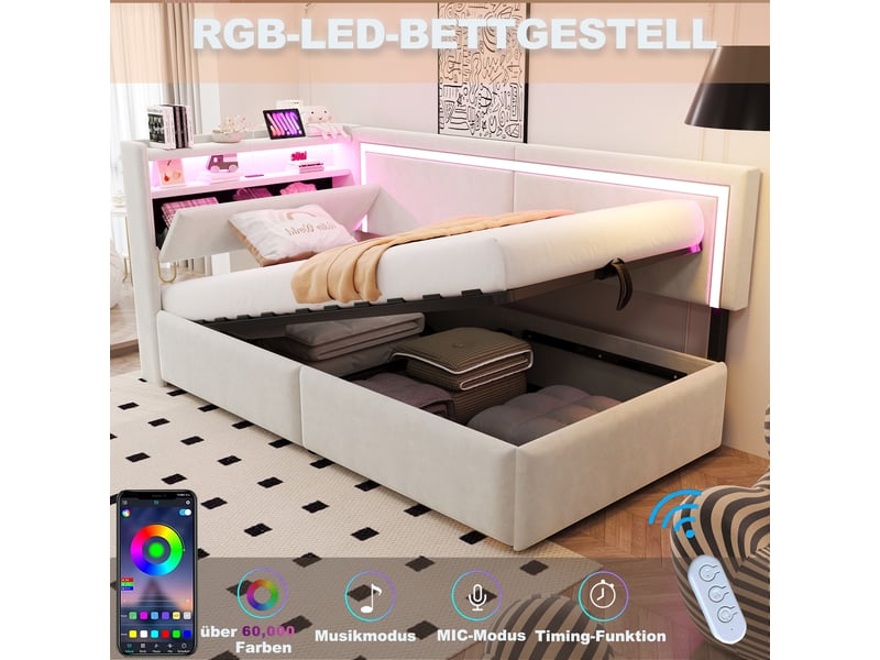  Lit simple à vérins avec éclairage led et port usb, canapé-lit rembourré 90x200 cm avec tête de lit en velours, beige, lit enfant  - Conforama R