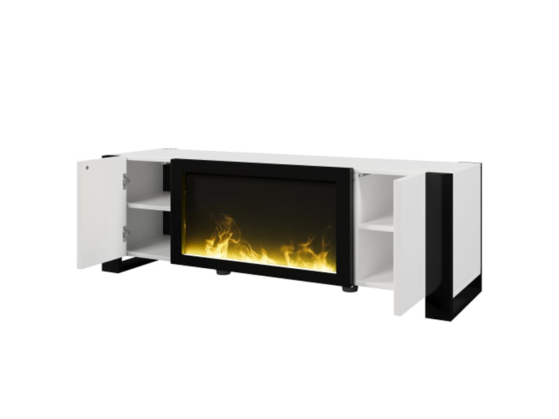  Meuble tv bas brillant - cheminée électrique avec effet flamme, sans chauffage, couleur assortie  - Conforama A