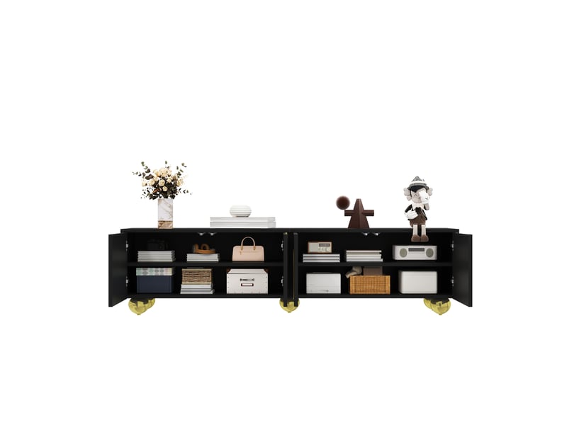  Meuble tv avec portes structurées, ornements dorés, pieds ronds dorés, tablettes, push-to-open, noir et or  - Conforama A