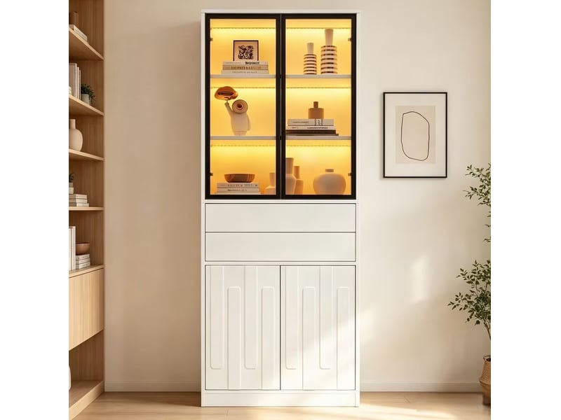 Vitrine tcqpz led 70 x 34 x 180 cm 2 tiroirs verre trempé blanc mat - Conforama D