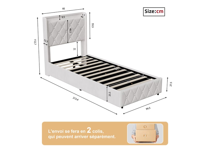  Lit simple 90x200 cm avec led,usb et type-c, lit enfant adolescent moderne, tête de lit rembourrée, velours beige  - Conforama C