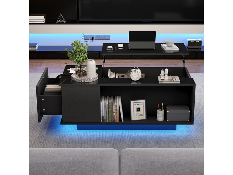  Table basse relevable noire 100x50cm avec rangement caché et led bluetooth  - Conforama D