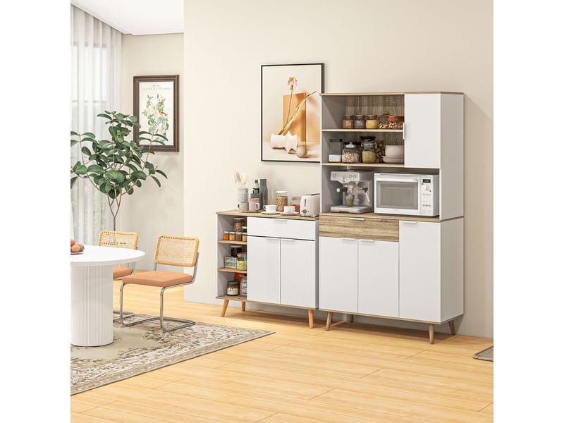Armoire de cuisine buffet haut scandinave meuble de rangement 4 portes 1 tiroir niche 98 x 39 x 180 cm blanc et bois clair T1003-01-08867 - Conforama E