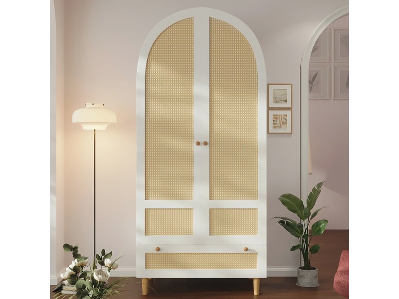 Armoire de chambre 80x50x180 cm avec penderie et tiroir, armoire avec effet rotin, portes arrondies et rangement chambre - blanc - Conforama D