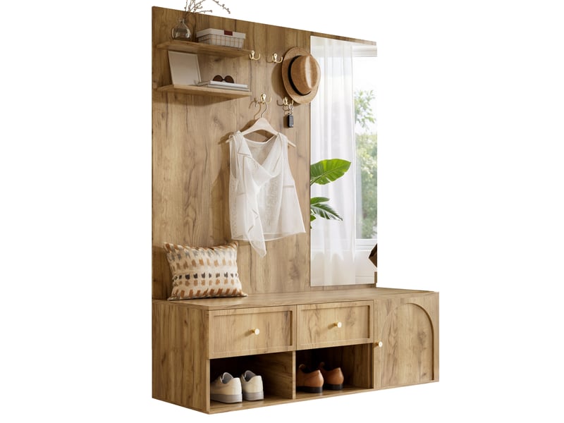 Meuble d'entrée avec miroir, 5 crochets, 2 tiroirs, porte et niches pour hall, décor bois, 120 × 35 × 159 cm  - Conforama A