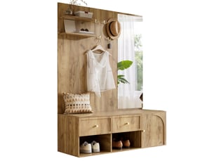 Meuble d'entrée avec miroir, 5 crochets, 2 tiroirs, porte et niches pour hall, décor bois, 120 × 35 × 159 cm