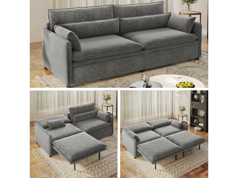  Canapé convertible 3 places 206 x 91 x 86 cm en chenille, 3-en-1 avec coffre, dossier réglable et coussins mobiles, gris clair  - Conforama B