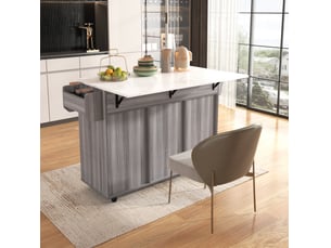 Desserte de cuisine 139 x 46 x 91,5 cm grise en panneaux, plateau rabattable, tiroirs et portes sur roulettes