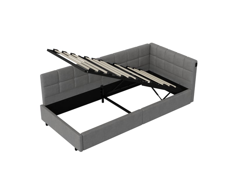  Lit simple coffre - 90 x 200 cm-gris - lit de jour rembourré avec led rvb, ports usbtype-c et vérins hydrauliques  - Conforama A