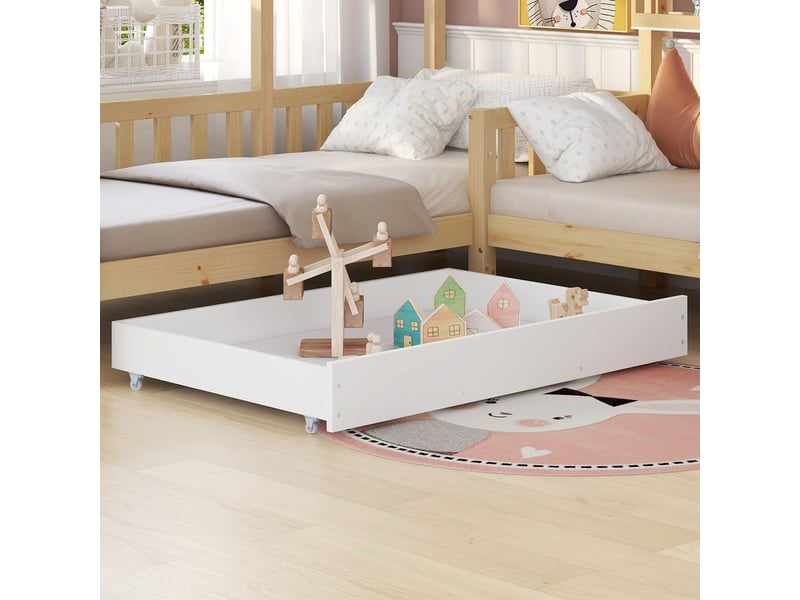  Lit cabane enfant (90 x 200 + 70 x 140 cm) - cadre de lit avec barreaux et lattes - lit enfant - structure en l - bois massif  - Conforama D