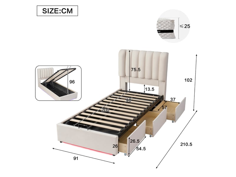  Lit coffre 90x200 cm hydraulique, 3 tiroirs en velours beige  - Conforama E