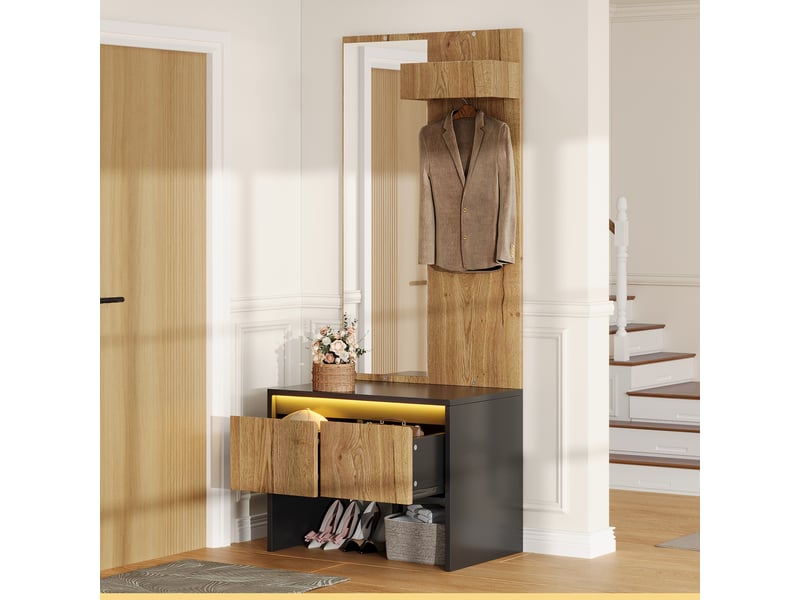  Ensemble vestiaire naturel, panneau de particules, 60 × 38 × 145 cm, 2 tiroirs et crochets intégrés, pour entrée et couloir  - Conforama E