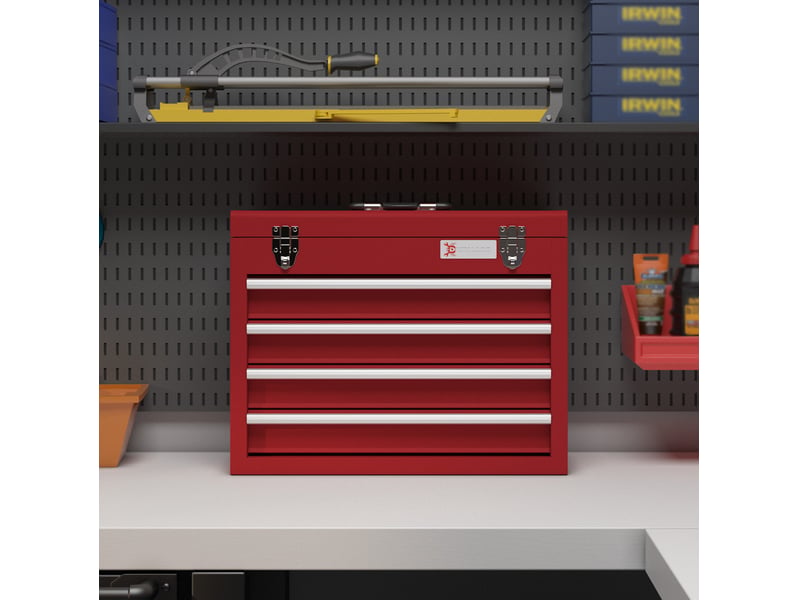 Boîte à outils vide 51x22x39,5 cm avec 4 tiroirs et compartiment supérieur verrouillable, métal rouge - Conforama E