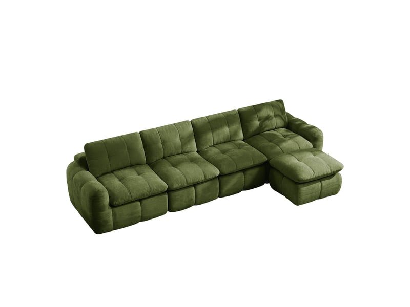 Canapé d'angle en l 4 places sans cadre, canapé modulaire, housse chenille verte, sans montage, 1 pouf pour salon et appartements - Conforama A
