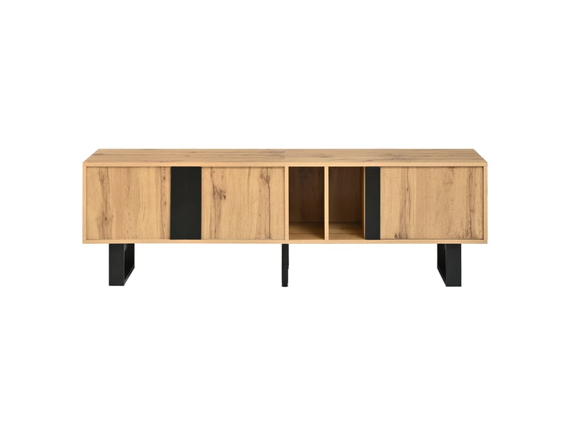  Meuble tv 160x40x50 cm, 3 portes, 2 niches, pieds en métal noir, effet bois naturel Fay Lum - Conforama E