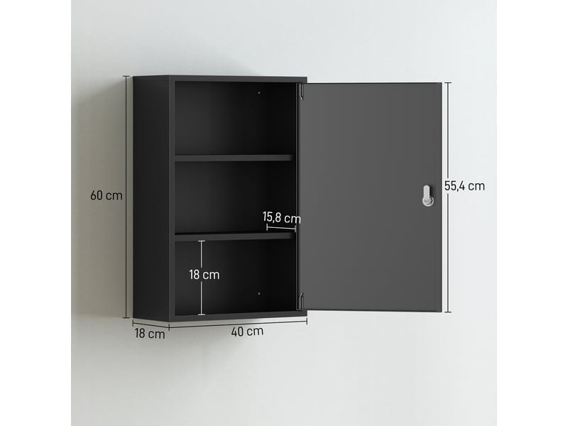  Armoire à pharmacie 2 étagères 3 niveaux verrouillable, dim. 40l x 18l x 60h cm, métal, 2 clés, noir  - Conforama C