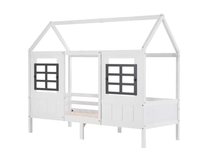  Lit cabane 90x200 cm, lit enfant avec 2 fenêtres et clôture de protection, en bois, blanc, sans matelas  - Conforama A
