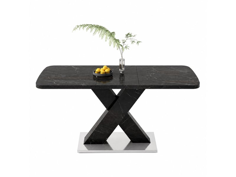  Table de salle à manger extensible avec pied en x, décor marbre noir, en mdf et acier, 120 à 160 × 80 × 76,5 cm  - Conforama A