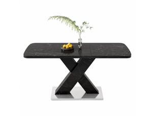 Table de salle à manger extensible avec pied en x, décor marbre noir, en mdf et acier, 120 à 160 × 80 × 76,5 cm