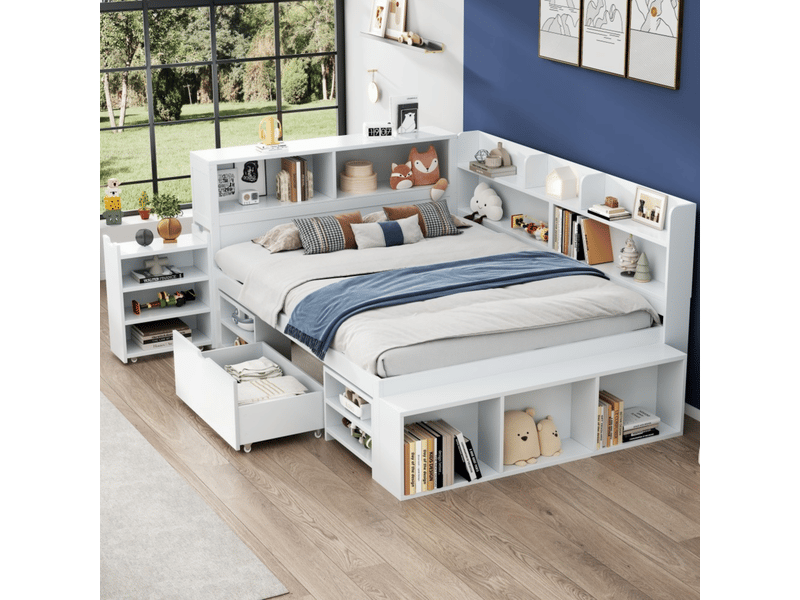 Lit enfant 140 x 200 cm, cadre de lit avec rangement, 1 tiroir, placard intégré, étagères ouvertes, sommier à lattes inclus, contreplaqué, blanc Morn Vibe - Conforama B