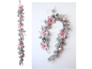 Guirlande de noël rose artificielle 1,5 m avec pommes de pin, nœud et baies, décoration maison noël