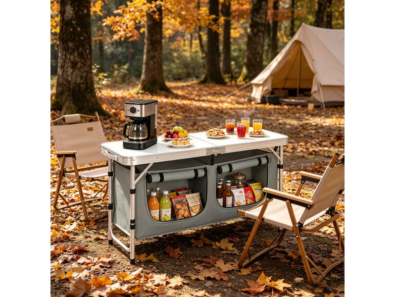  Table de jardin pliante avec sac de rangement suspendu et pieds réglables pour camping, en aluminium et mdf, gris et blanc  - Conforama C