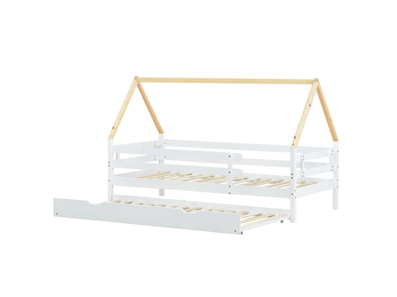  Lit cabane enfant avec lit gigogne coulissant, toit en bois naturel, 90x200 &amp; 90x190cm, blanc  - Conforama A