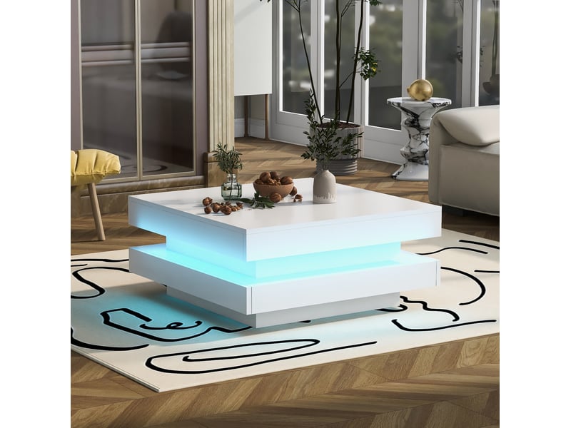  Table basse carrée avec plateau pivotant 360°, led et finition laquée blanche pour salon, 70 × 70 × 36 cm  - Conforama C