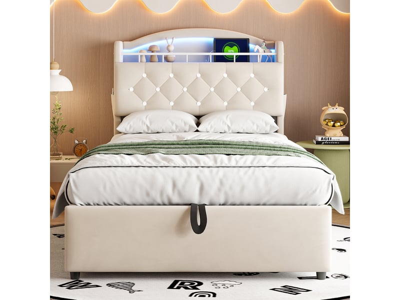  Lit tapissé enfant 90x200cm velours, rangement hydraulique, led, usb-c, capacité 200kg, sans matelas, beige  - Conforama B