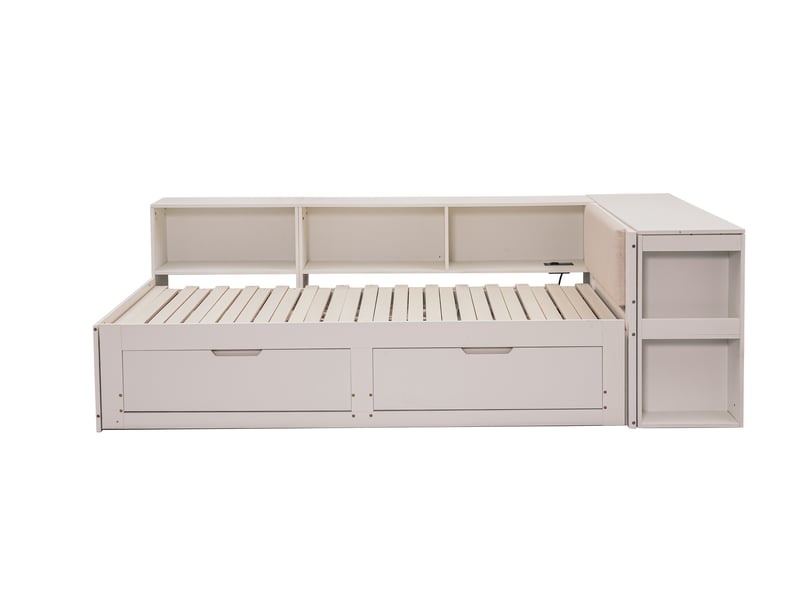  Lit combiné 90×200 à 180×200 cm 3-en-1 en l avec bureau et rangement, cadre en bois et mdf, sommier à lattes, tiroirs sous le lit et étagères ouvertes, tête de lit rembourrée  - Conforama A
