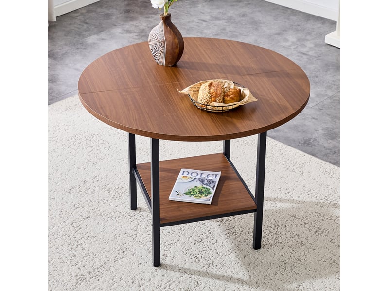  Table de salle à manger ronde, 100x100x77 cm, moderne espace de rangement, plateau mdf, piètement métal, coloris noyer  - Conforama D