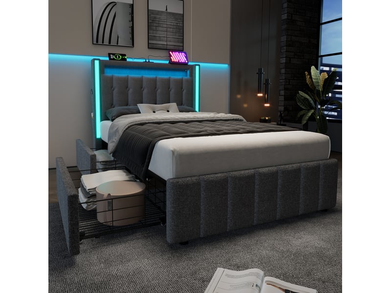 Modenvie lit 1 place avec tiroirs 90x200 cm - led, ports usb et usb-c, avec matelas - gris  - Conforama D