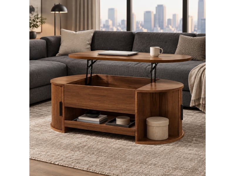  Table basse relevable avec rangement caché, portes coulissantes et tablette pour salon, mdf noyer, 110 × 55 × 55 cm  - Conforama B