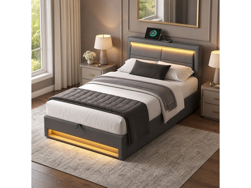 Lit coffre 90x200 cm avec usb, recharge sans fil et led, pu gris - Conforama B