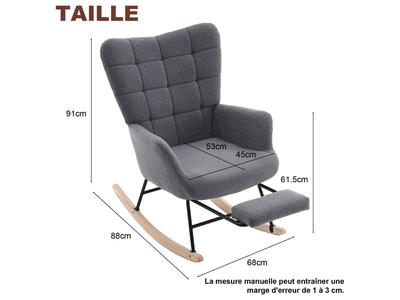  Tcqpz fauteuil à bascule 91x61x88 cm gris avec repose-pieds  - Conforama C