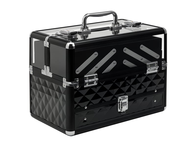  Trousse de maquillage &amp; bijoux portable multi-niveaux, alliage aluminium, poignée, plateaux dépliables, 30 x 18,5 x 22 cm, transparent noir  - Conforama A
