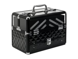 Trousse de maquillage & bijoux portable multi-niveaux, alliage aluminium, poignée, plateaux dépliables, 30 x 18,5 x 22 cm, transparent noir